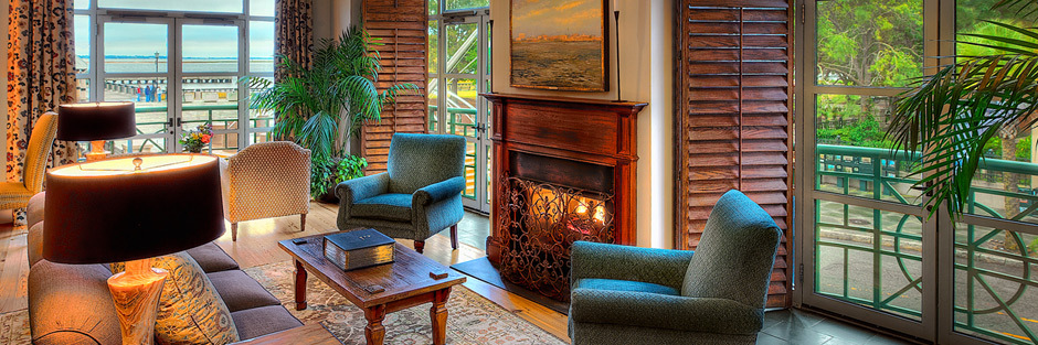 The lounge, with the Charleston Harbor through the windows