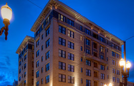 Hotel deLuxe facade against Portland's sky