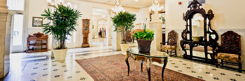 The soaring. three-story lobby