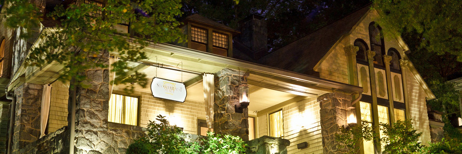 The veranda lit up at night